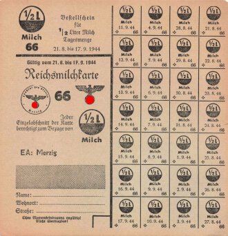 "Reichsmilchkarte" der Stadt Merzig, gültig vom 21.8. bis 17.9.1944, DIN A5