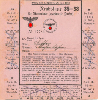 "Reichskarte für Marmelade" der Stadt Sonthofen, gültig vom 6. April bis 26. Juli 1942, unter DIN A5