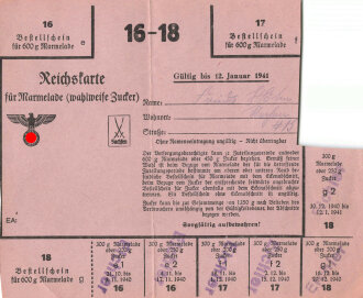 "Reichskarte für Marmelade" Sachsen, gültig vbis 12. Januar 1941, DIN A5