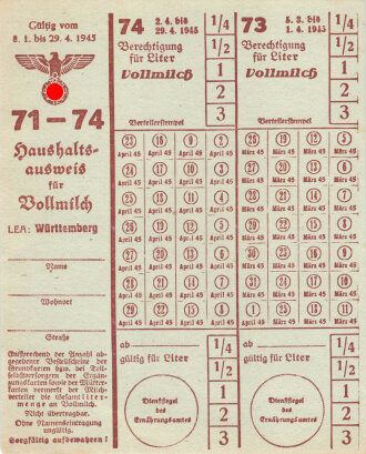 "Haushaltsausweis für Vollmilch" Württemberg, gültig ab 8.1. bis 29.4.1945, DIN A5