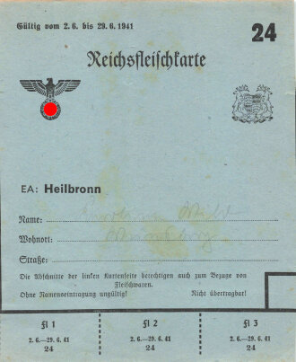 "Reichsfleischkarte" der Stadt Heilbronn,...