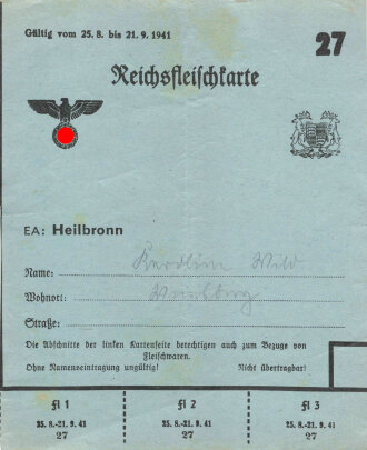 "Reichsfleischkarte" der Stadt Heilbronn,...