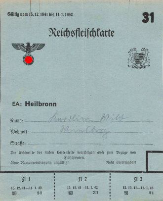 "Reichsfleischkarte" der Stadt Heilbronn,...