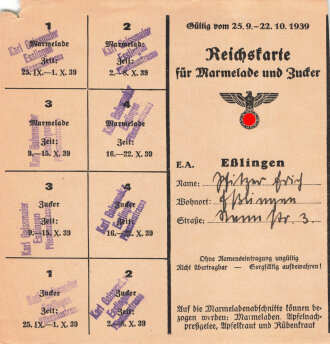 "Reichskarte für Marmelade und Zucker" der Stadt Esslingen, gültig vom 25.9. bis 22.10.1939, DIN A6