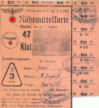"Nährmittelkarte für Kinder bis zu 3 Jahre" der Stadt St. Ingbert, gültig vom 8.3. bis 4.4.1943, DIN A6