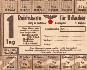 "Reichskarte für Urlauber "1 Tag gültig im deutschen Reichsgebiet 5. Ausgabe, über DIN A6