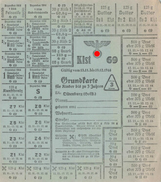 "Grundkarte für Kinder bis zu 3 Jahre" der Stadt Oldenburg (Holstein), gültig ab 13.11 bis 10.12.1944, unter DIN A5