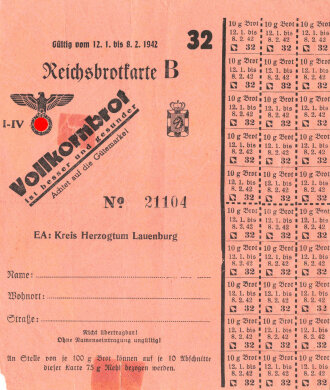 "Reichsbrotkarte B" des Kreis Herzogtum Lauenburg, gültig vom 12.1. bis 8.2.1942, DIN A6