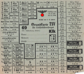 "Grundkarte für Teilselbstversorger" der Stadt Oldenburg (Holstein), gültig ab 13.11 bis 10.12.1944, unter DIN A5