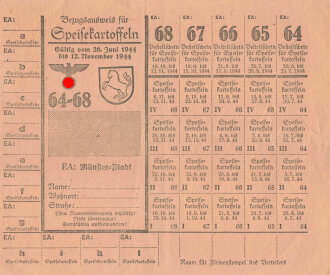 "Bezugsausweis für Speisekartoffeln" der Stadt Münster, gültig vom 26.Juni. bis 12. November 1944, unter DIN A5