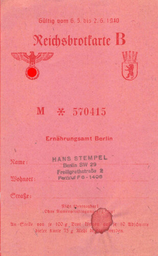"Reichsbrotkarte B" der Stadt Berlin,...
