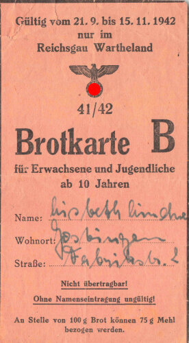 "Reichsbrotkarte B" aus dem Reichshau Wartheland, gültig vom 21.9. bis 15.11.1942, DIN A6