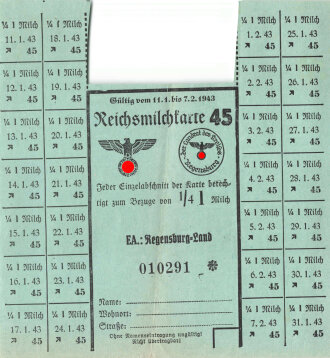 "Reichsmilchkarte" der Stadt Regensburg-Land, gültig vom 11.1. bis 7.2.1943, DIN A5