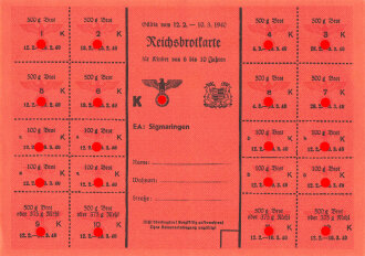 "Reichsbrotkarte" der Stadt Sigmaringen, gültig vom 12.2. bis 10.3.1940, DIN A5
