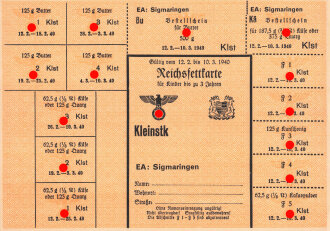"Reichsfettkarte für Kinder bis zu 3 Jahren" der Stadt Sigmaringen, gültig vom 12.2 bis 10.3.1940, DIN A5
