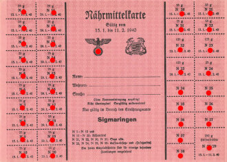"Nährmittelkarte" der Stadt Sigmarinen, gültig vom 15.1 bis 11.2.1940, DIN A5