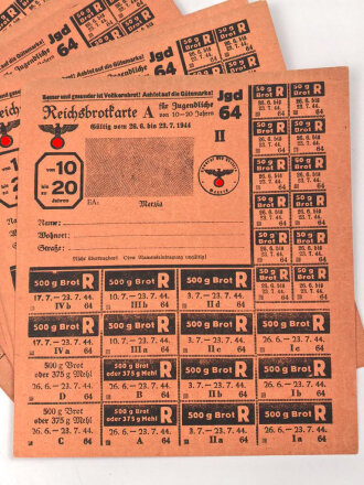 "Reichsbrotkarte A" der Stadt Merzig, gültig vom 26.6. bis 23.7.1944, unter DIN A5, Sie erhalten 1 Stück