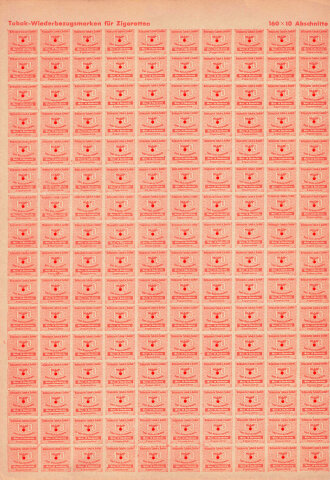 "Tabak-Wiederbezugsmarken für Zigaretten", DIN A4 160x10 Abschnitte
