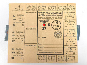 "Reichsfettkarte" der Stadt Essen, gültig vom 1.6. bis 28.6.1942, DIN A6, Sie erhalten 1 Stück