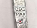 Schöpfkelle für eine Feldküche der Wehrmacht aus Aluminium, datiert 1938, Gesamtlänge ca. 37 cm