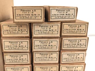 Pappkasten für 300 Schuss Munition 8x 57 ( für k98 ) . 20 Pappschachteln enthalten, alles zusammengehörig. OHNE Inhalt - Complete matching set for 300 k98 rounds, EMPTY BOXES