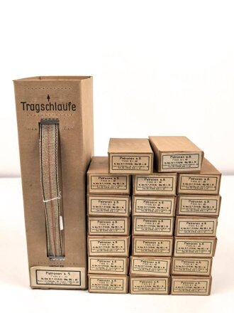 Pappkasten für 300 Schuss Munition 8x 57 ( für k98 ) . 20 Pappschachteln enthalten, alles zusammengehörig. OHNE Inhalt - Complete matching set for 300 k98 rounds, EMPTY BOXES