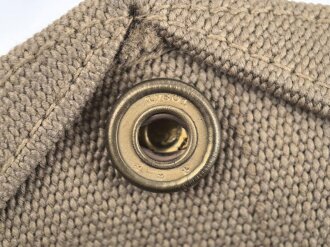 British 1940 dated three piece construction web belt, with pistol holster and ammo pouch. Buckles for braces removed, good condition