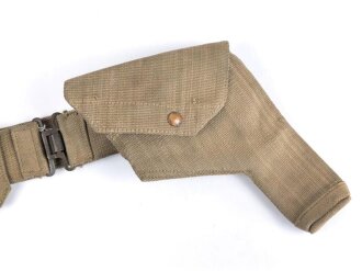 British 1940 dated three piece construction web belt, with pistol holster and ammo pouch. Buckles for braces removed, good condition