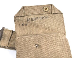 British 1940 dated three piece construction web belt, with pistol holster and ammo pouch. Buckles for braces removed, good condition