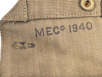 British 1940 dated three piece construction web belt, with pistol holster and ammo pouch. Buckles for braces removed, good condition