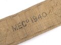 British 1940 dated three piece construction web belt, with pistol holster and ammo pouch. Buckles for braces removed, good condition
