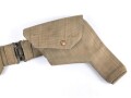 British 1940 dated three piece construction web belt, with pistol holster and ammo pouch. Buckles for braces removed, good condition