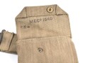 British 1940 dated three piece construction web belt, with pistol holster and ammo pouch. Buckles for braces removed, good condition