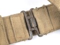 British 1940 dated three piece construction web belt, with pistol holster and ammo pouch. Buckles for braces removed, good condition