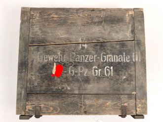 Transportkasten für " 14 SS Gewehr Panzer Granate 61" Packzettel von 1944, ungereinigtes Stück in gutem Gesamtzustand