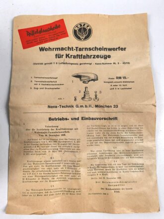 Notek " Wehrmacht Tarnscheinwerfer für Kraftfahrzeuge" Ungebraucht, vollständig, in der originalen Umverpackung inklusive der " Betriebs- und Einbauvorschrift"
