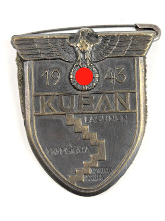 Kubanschild 1943 , Eisen bronziert,  Getragenes Stück, zum Anstecken umgebaut.