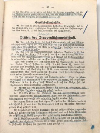 H. Dv. 43a "Vorschrift für die Verwaltung der Truppenküchen (Heer)" datiert 1937, 49 Seiten, gebraucht, DIN A5