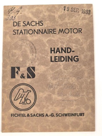 Niederlande "De Sachs Stationnaire Motor - Handleiding" datiert 1933, 24 Seiten, gebraucht, DIN A6, niederländisch