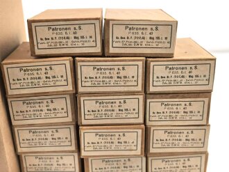 Pappkasten für 300 Schuss Munition 8 x 57 ( für k98 ) . 20 Pappschachteln enthalten, alles zusammengehörig. OHNE Inhalt - Complete matching set for 300 k98 rounds, EMPTY BOXES