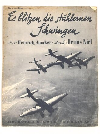 "Es blitzen die stählernen Schwingen" Nr. 2 der Adler-Lieder, 2 Seiten, stark gebraucht, unter DIN A3