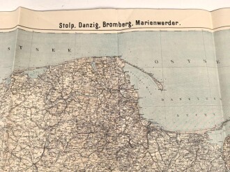 Landkarte "Stolp, Danzig, Bromberg Marienwerder" datiert 1914, viele kleine Löcher, Maße:97 x 85 cm