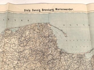 Landkarte "Stolp, Danzig, Bromberg Marienwerder" datiert 1914, viele kleine Löcher, Maße:97 x 85 cm