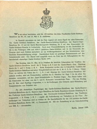 "125 Jahrfeier des ehemaligen königlich preußischen Garde-Schützen-Bataillons 1339" Progammheft und Rundschreiben