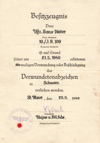 Besitzzeugnis zum Verwundetenabzeichen in schwarz,...