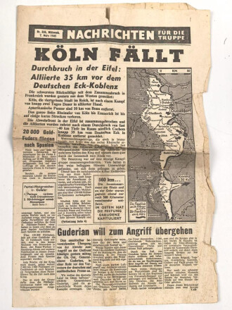 Alliiertes Flugblatt "Nachrichten für die Truppe - Köln fällt" stark gebraucht, Nr. 325, 7. März 1945