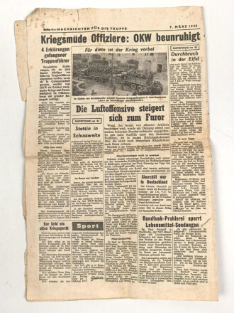Alliiertes Flugblatt "Nachrichten für die Truppe - Köln fällt" stark gebraucht, Nr. 325, 7. März 1945
