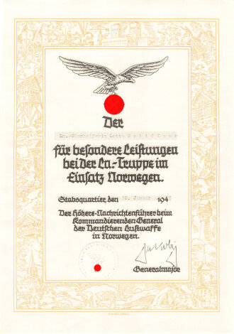 Urkunde für besondere Leistungen einer Luftwaffe Oberhelferin im Einsatz in Norwegen, datiert 1945, DIN A4