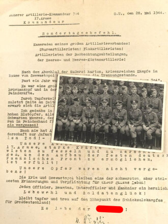 Höherer Artillerie Kommandeur 304 17.Armee "Sondertagesbefehl" datiert 1944, DIN A4 , dazu ein Foto