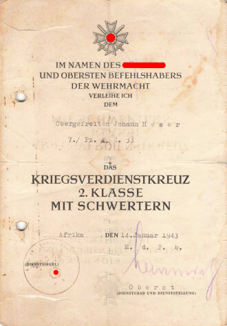 Besitzzeugnis eines Obergefreiten der 7./Pz. A. R. 33...